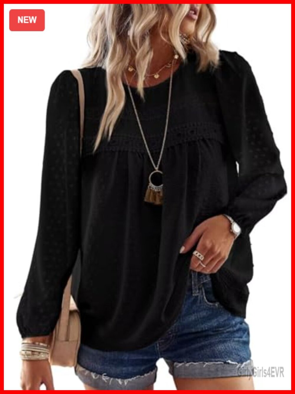 Womens Crew Neck Crochet Lace Boho Tunic Top Long Sleeve Flowy Loose Fit Shirt